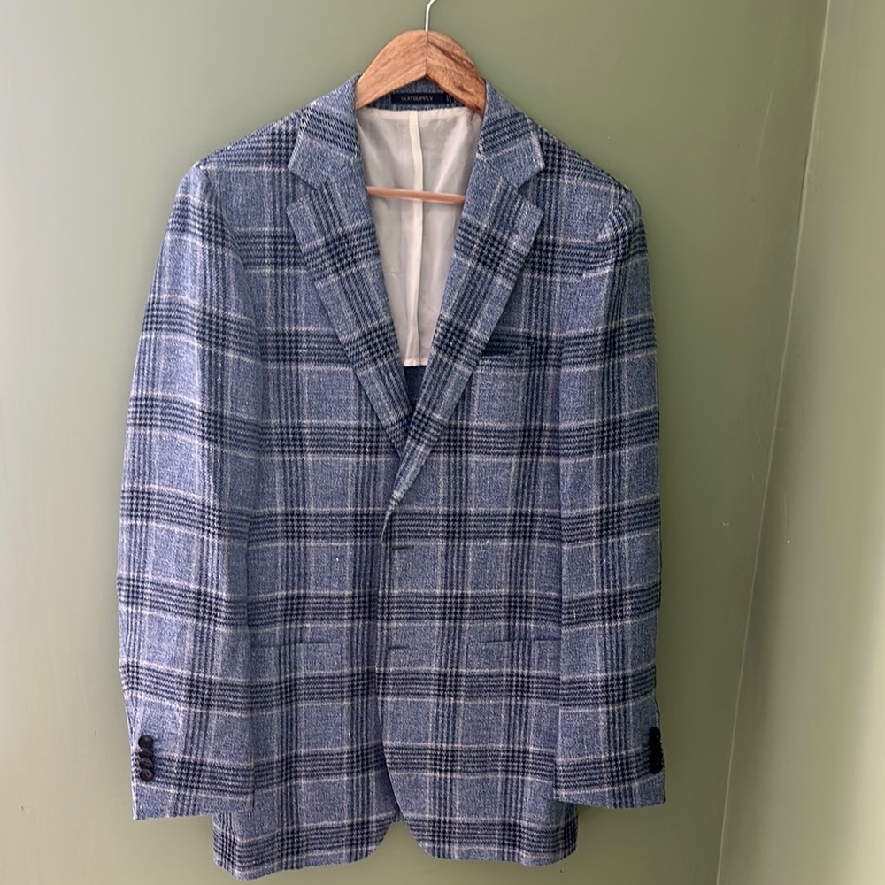 Suitsupply Light Blue Plaid Blazer | Linen-Silk-Cotton Blend | Unlined | 40L